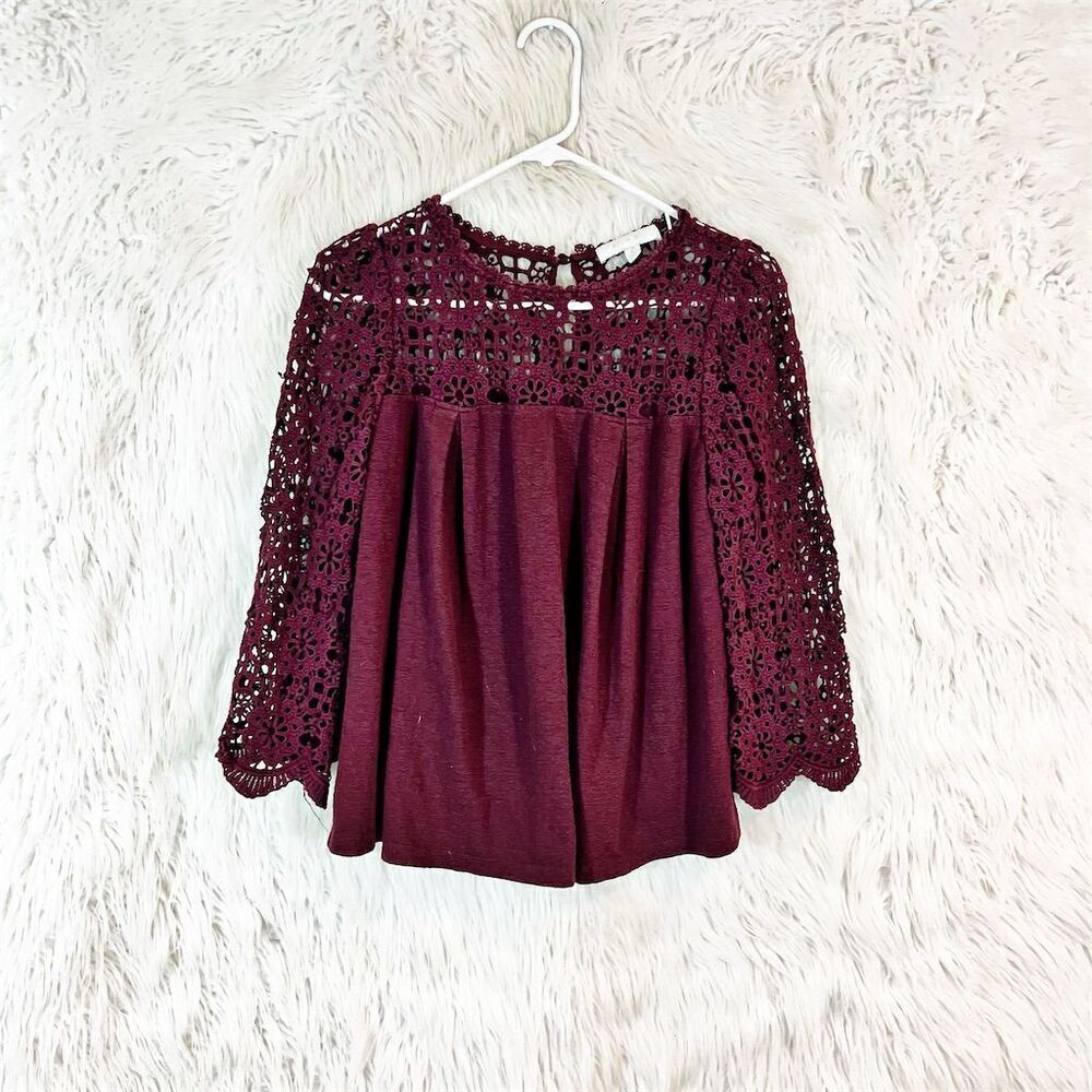Anthropologie Eri + Ali Women's Purple Blouse S Crochet Lace Yoke